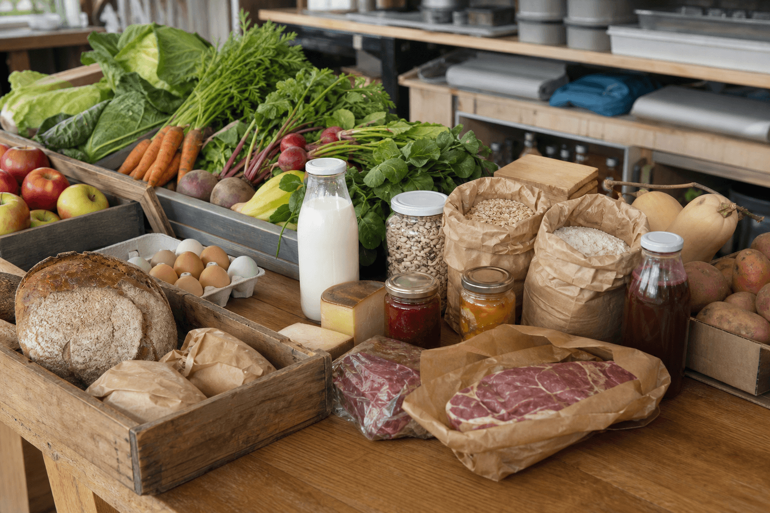 Produce, bread, eggs, milk, grains, preserves and meat being gathered at a local food hub