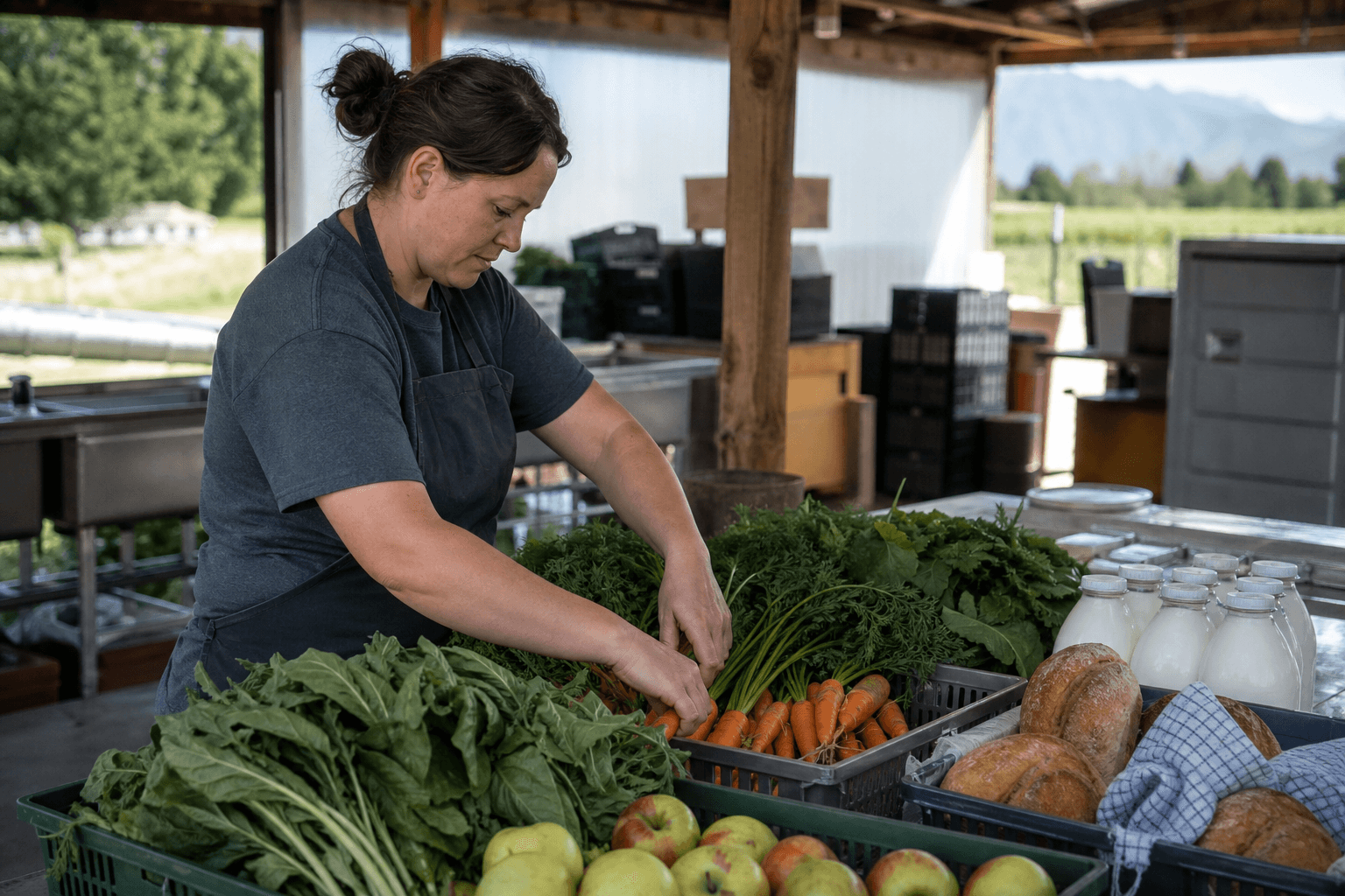 A local food producer sorting vegetables beside bread and milk in a working packing shed