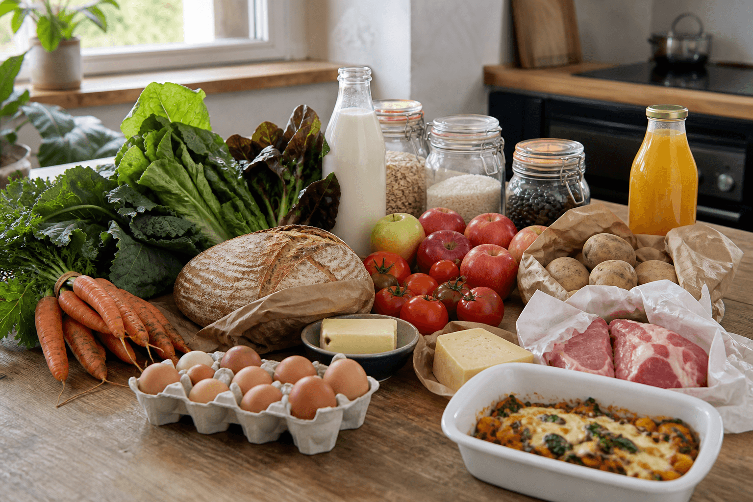 A complete weekly grocery order with produce, bread, eggs, milk, cheese, meat, grains, juice and a prepared meal